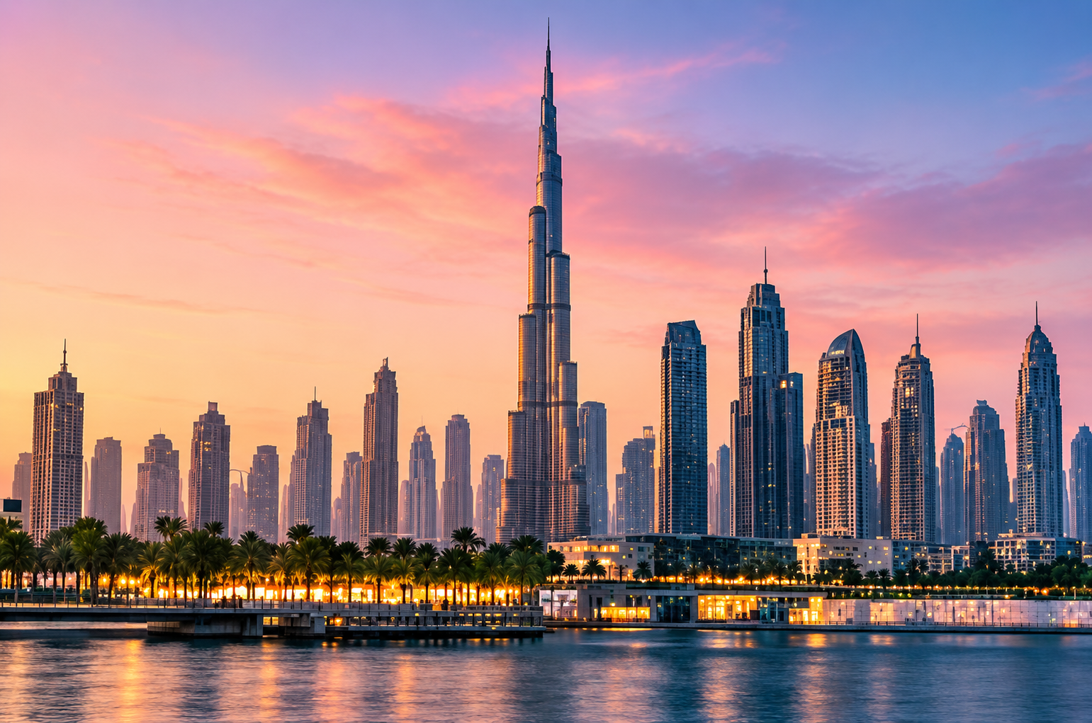 An aircraft climbing over the Dubai skyline and marina at midday.